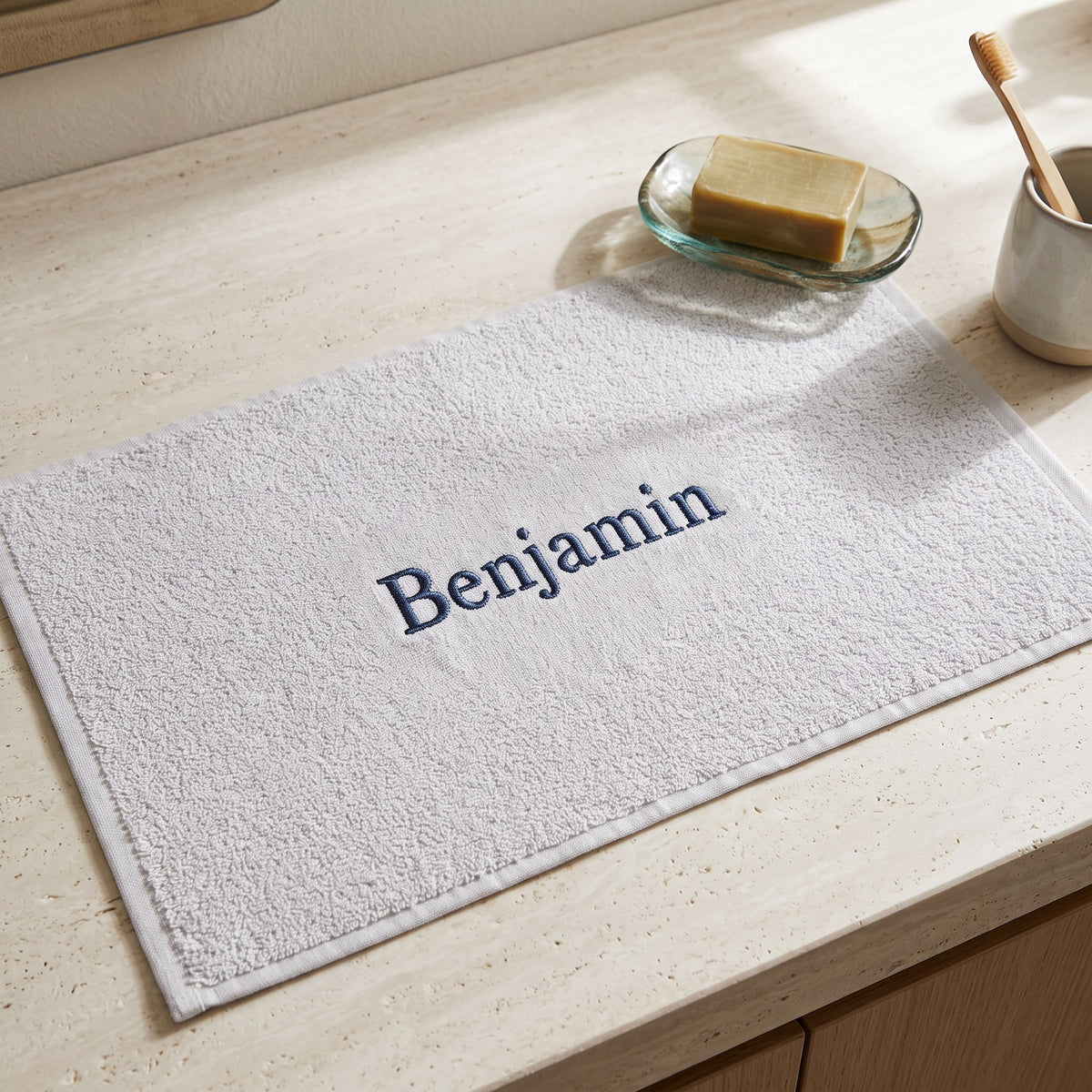 Benjamin personalized bamboo hand towel, navy serif embroidery on light gray — photo 2