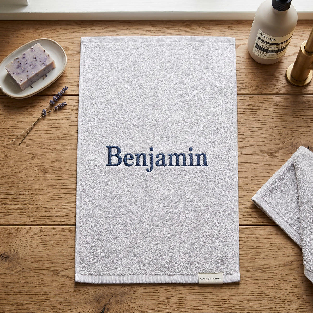 Benjamin personalized bamboo hand towel, navy serif embroidery on light gray — photo 3