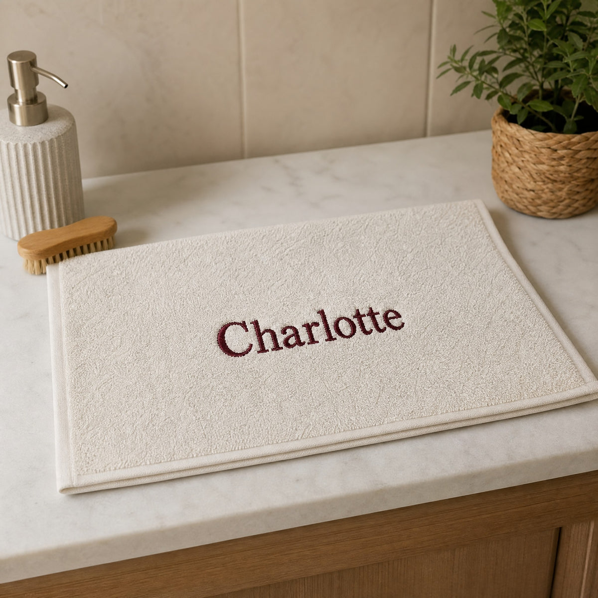 Charlotte personalized bamboo hand towel, burgundy serif embroidery on ivory — photo 2