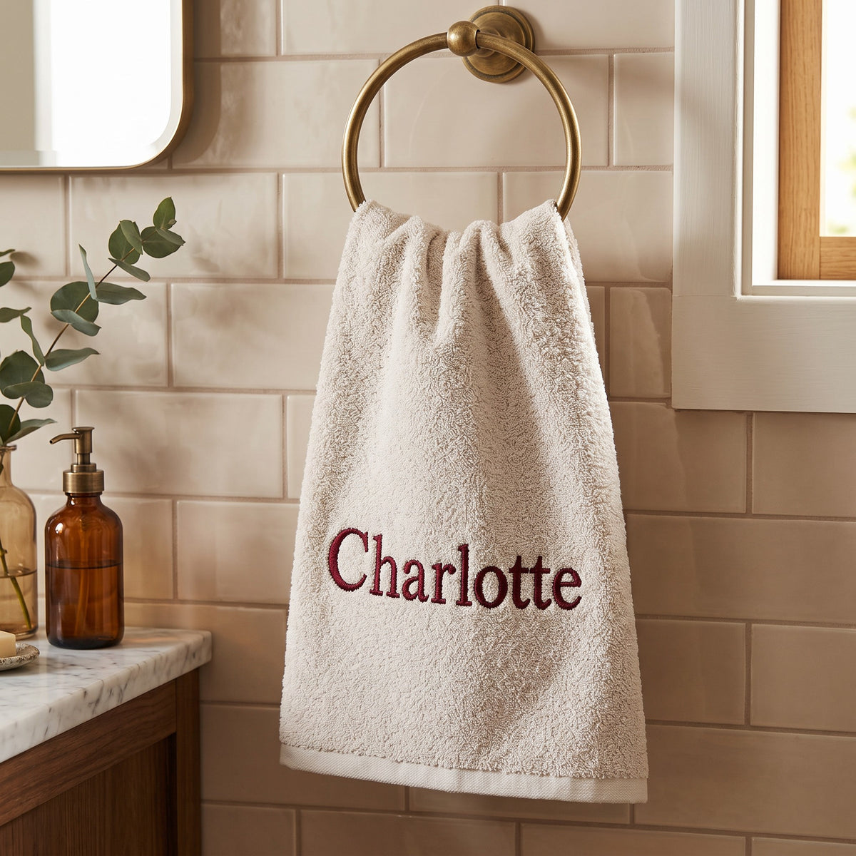 Charlotte personalized bamboo hand towel, burgundy serif embroidery on ivory — photo 3