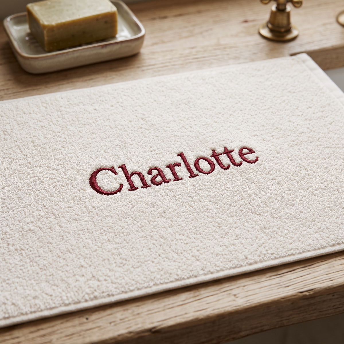 Charlotte personalized bamboo hand towel, burgundy serif embroidery on ivory — photo 4