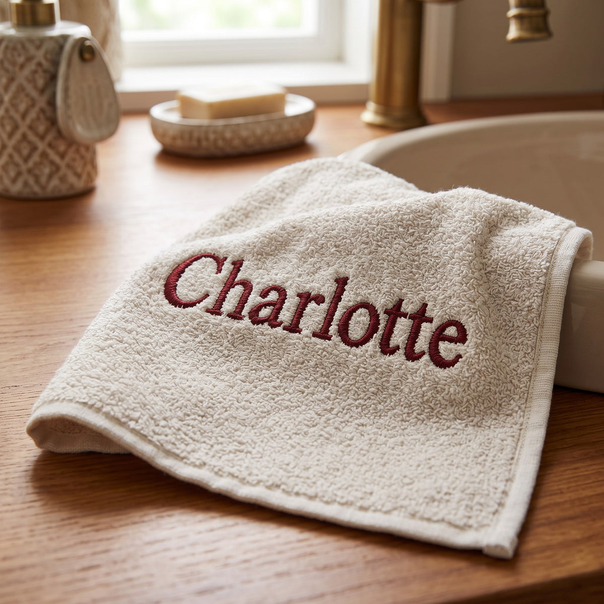 Charlotte personalized bamboo hand towel, burgundy serif embroidery on ivory — photo 5