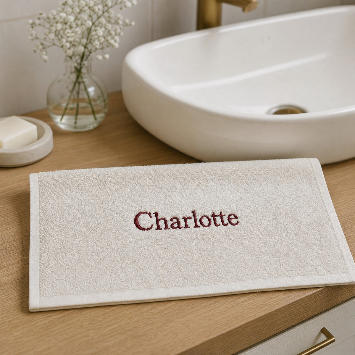 Charlotte personalized bamboo hand towel, burgundy serif embroidery on ivory — photo 6
