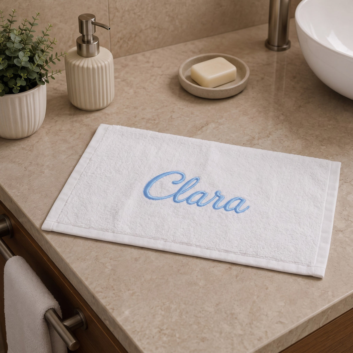 Clara personalized bamboo hand towel, sky blue script embroidery on white — photo 4