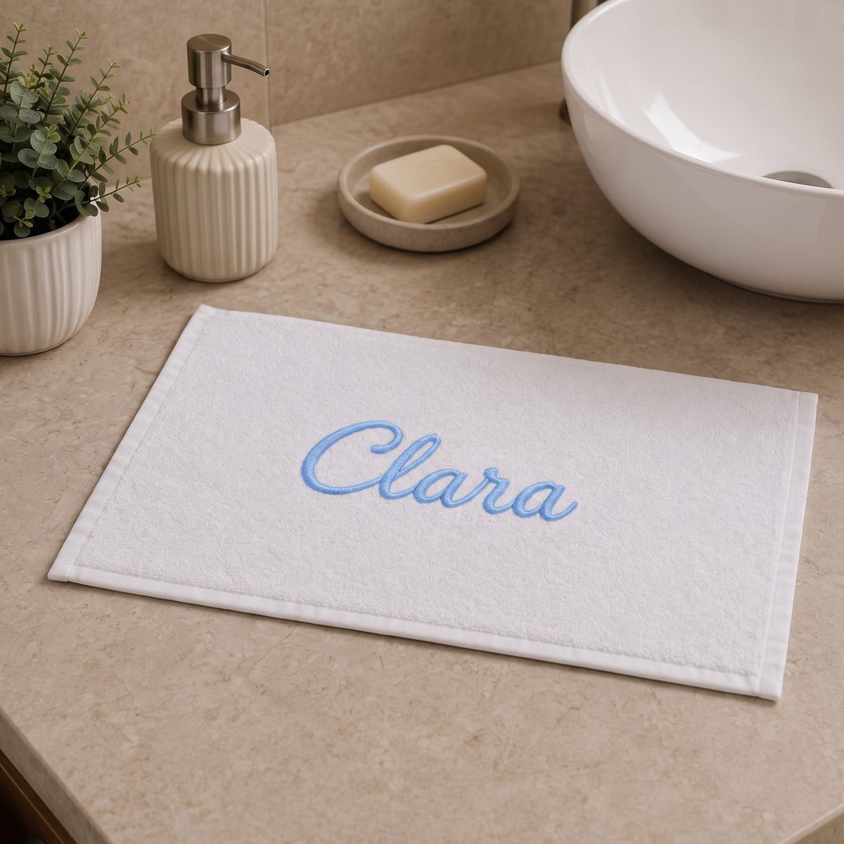 Clara personalized bamboo hand towel, sky blue script embroidery on white — photo 5