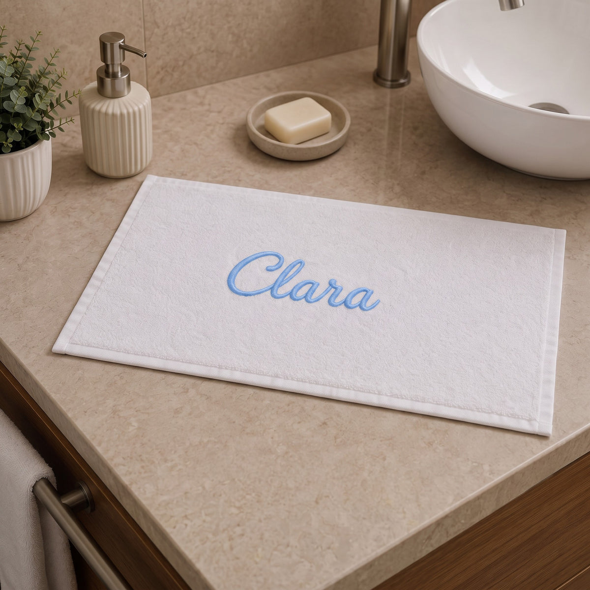 Clara personalized bamboo hand towel, sky blue script embroidery on white — photo 7