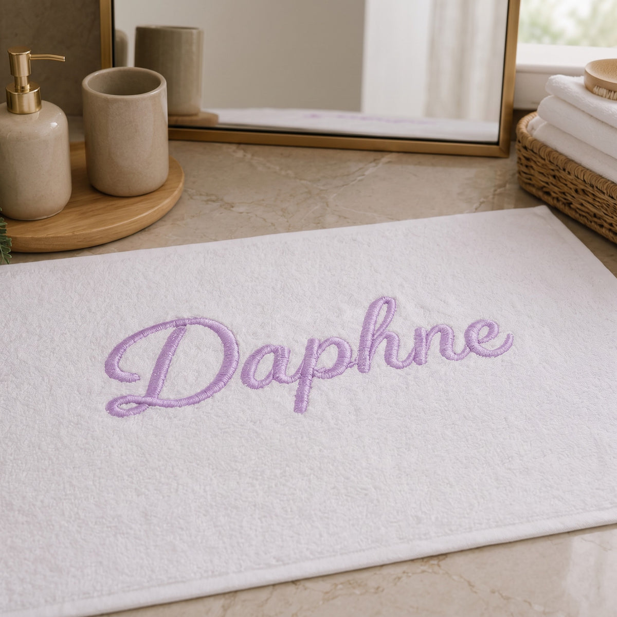 Daphne personalized bamboo hand towel, lavender script embroidery on white — photo 3