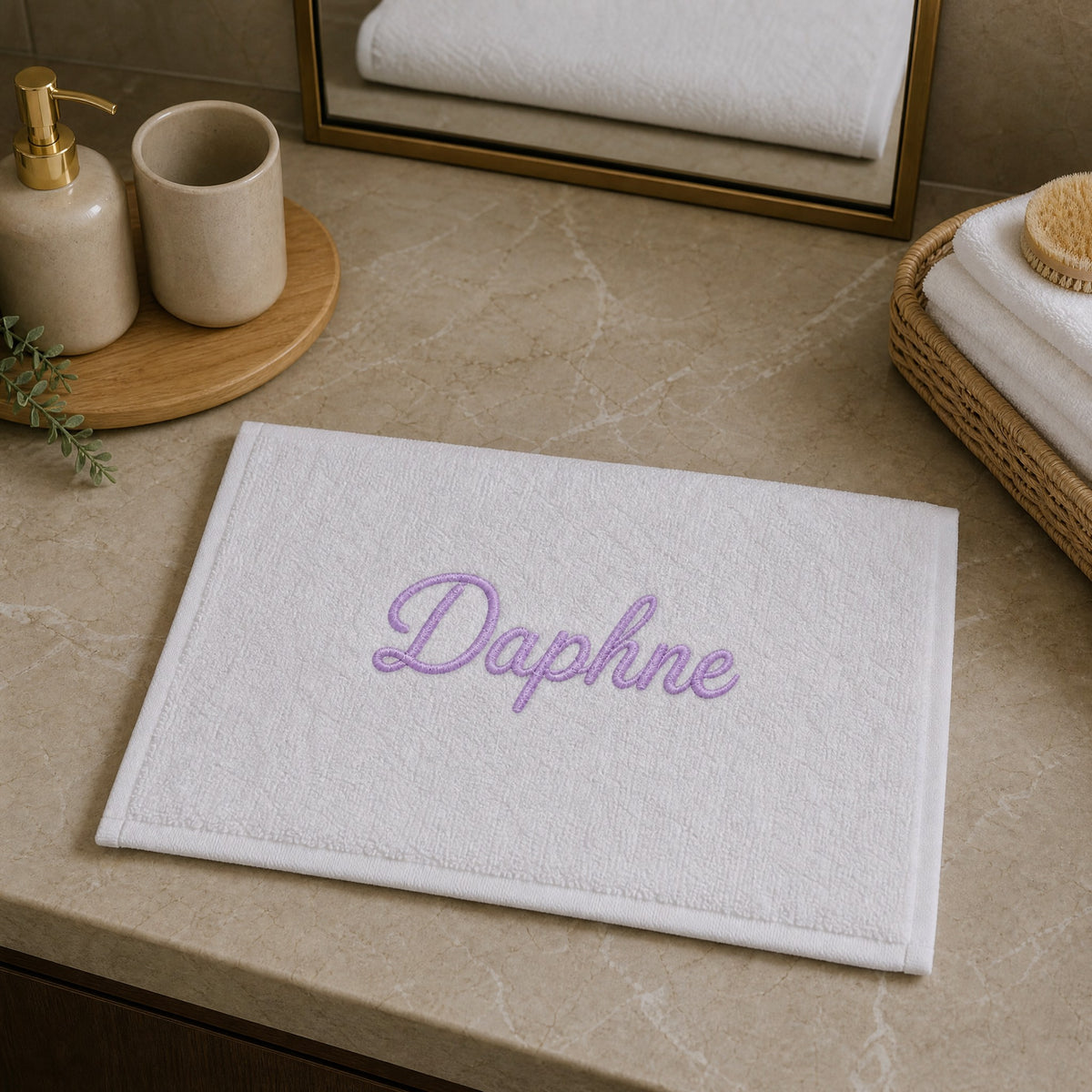 Daphne personalized bamboo hand towel, lavender script embroidery on white — photo 5
