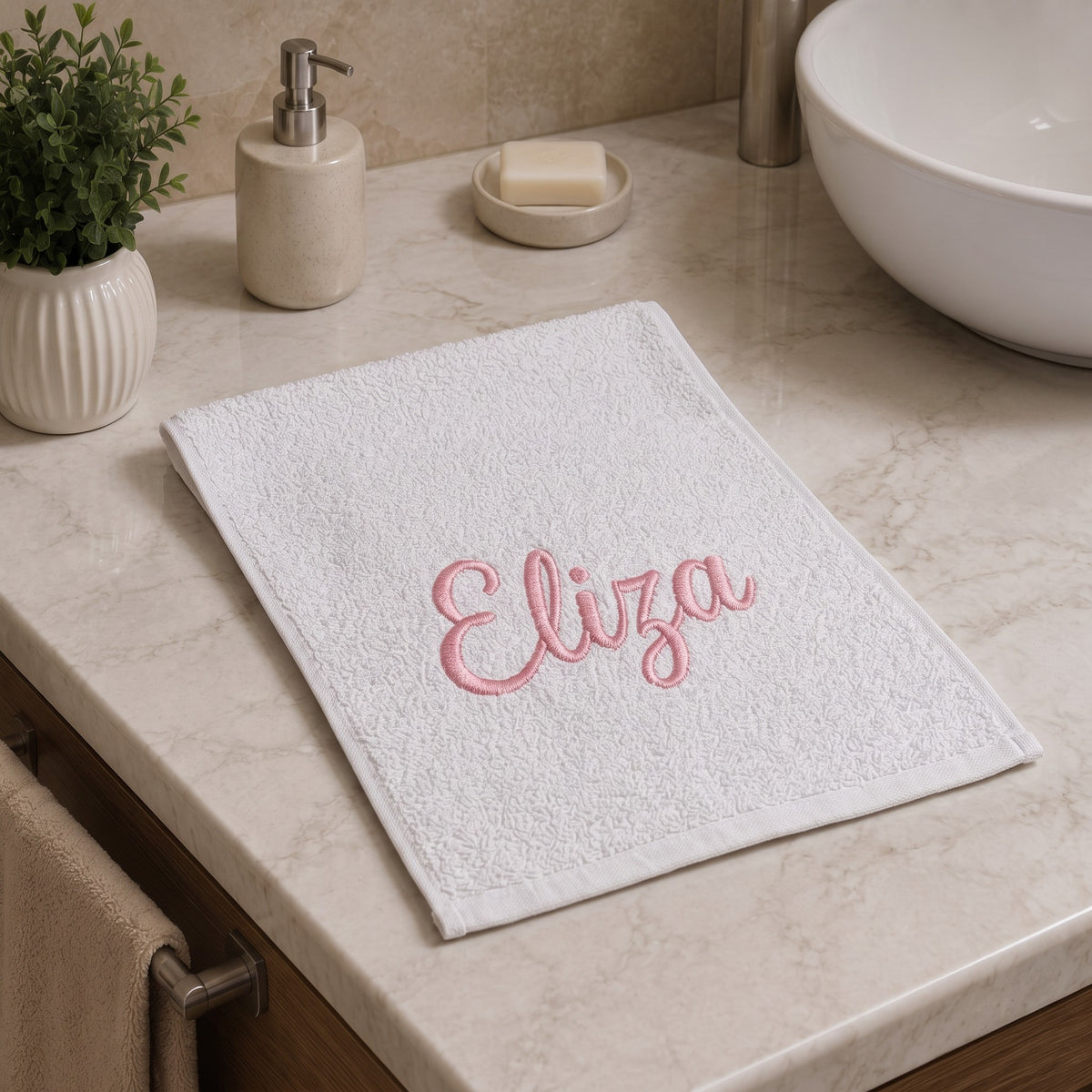 Eliza personalized bamboo hand towel, pink script embroidery on white