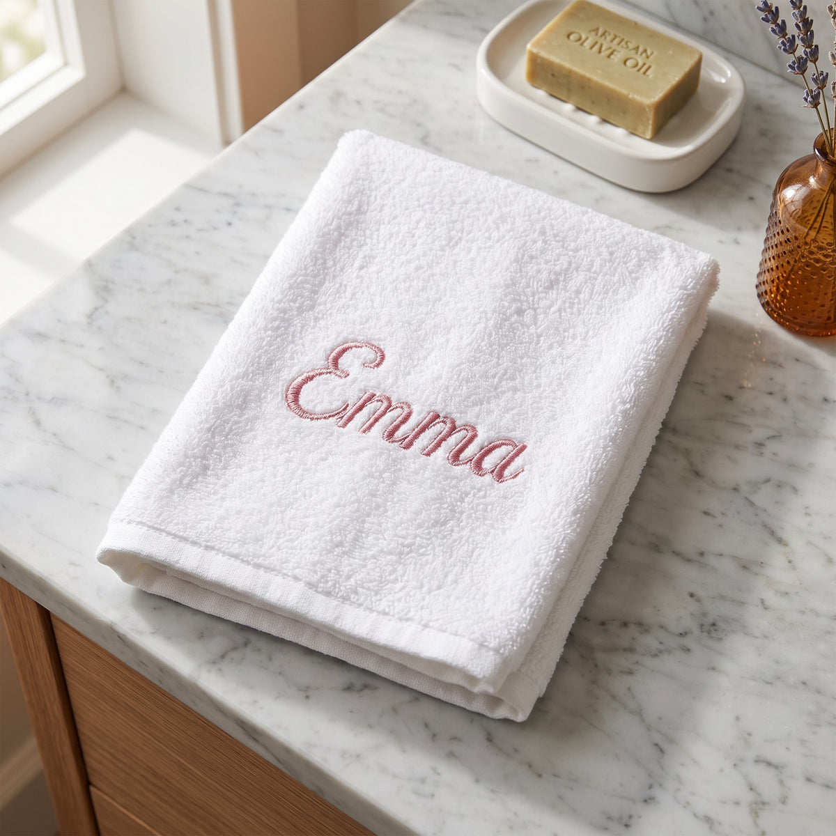Emma personalized bamboo hand towel, dusty pink script embroidery on white — photo 2