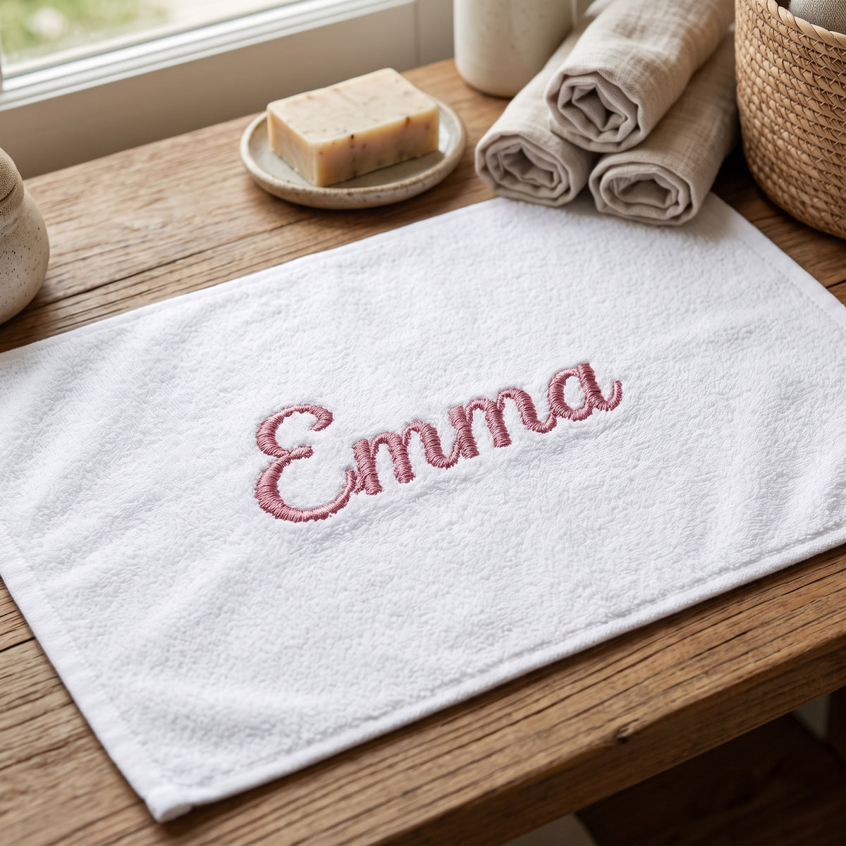 Emma personalized bamboo hand towel, dusty pink script embroidery on white — photo 3