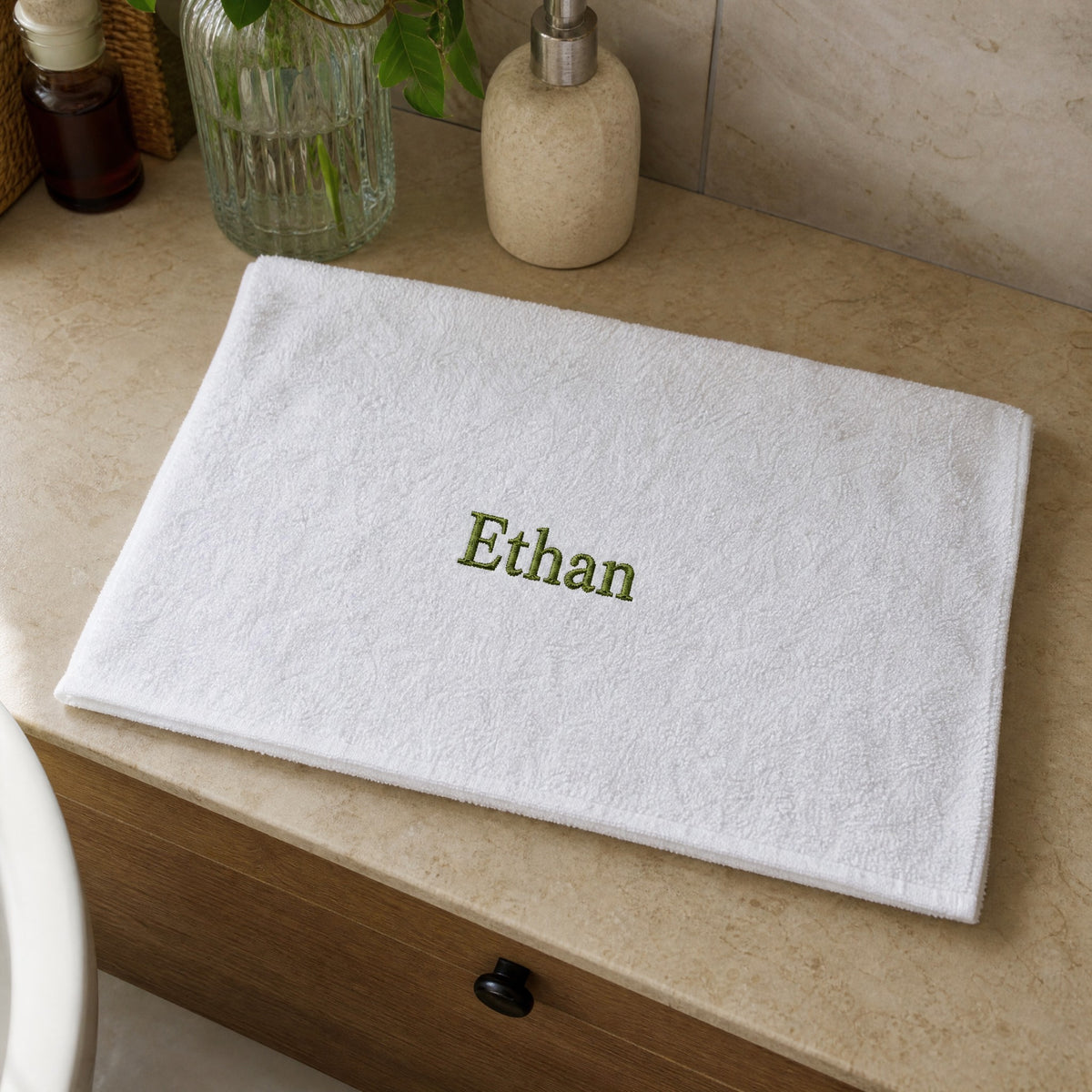 Ethan personalized bamboo hand towel, olive green serif embroidery on white — photo 2