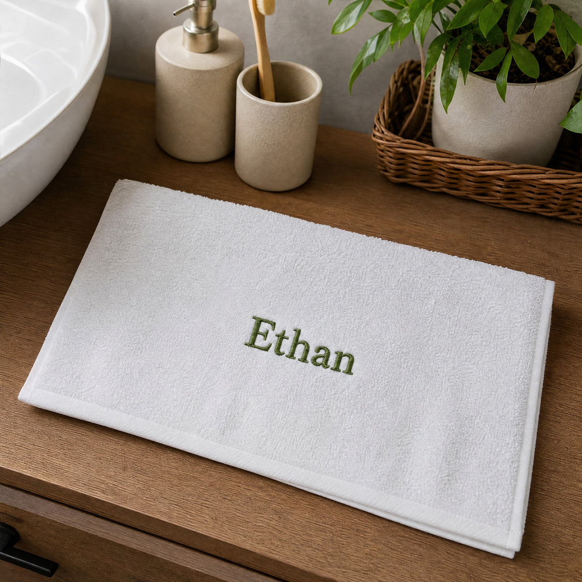 Ethan personalized bamboo hand towel, olive green serif embroidery on white — photo 4