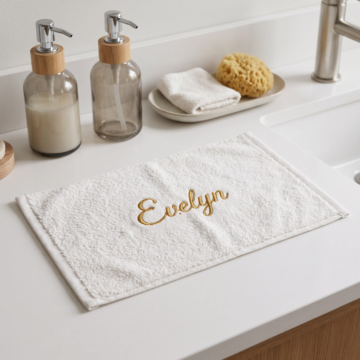Evelyn personalized bamboo hand towel, gold script embroidery on ivory — photo 2