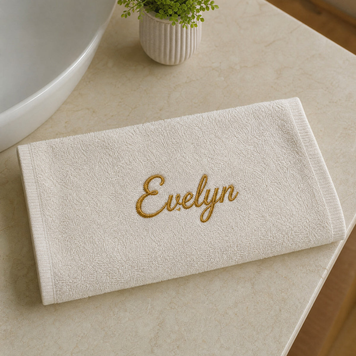 Evelyn personalized bamboo hand towel, gold script embroidery on ivory — photo 3