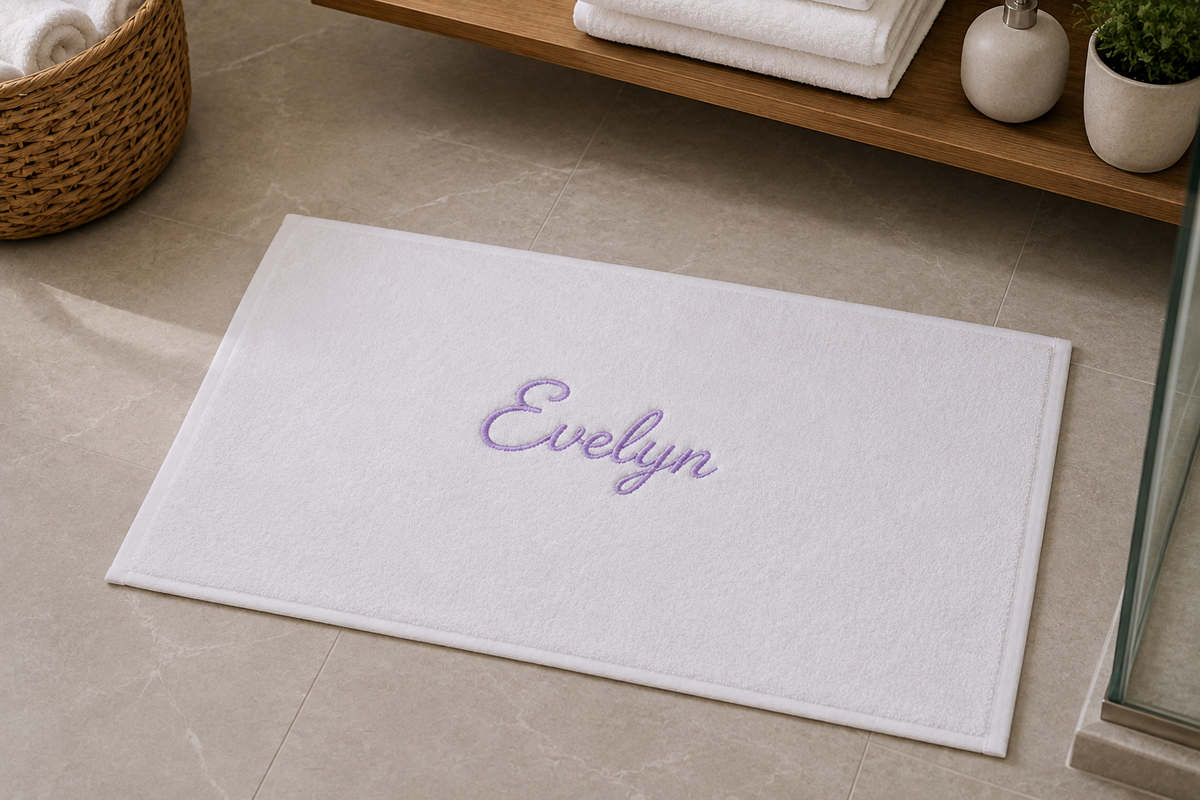Evelyn personalized bamboo hand towel, lavender script embroidery on white — photo 2