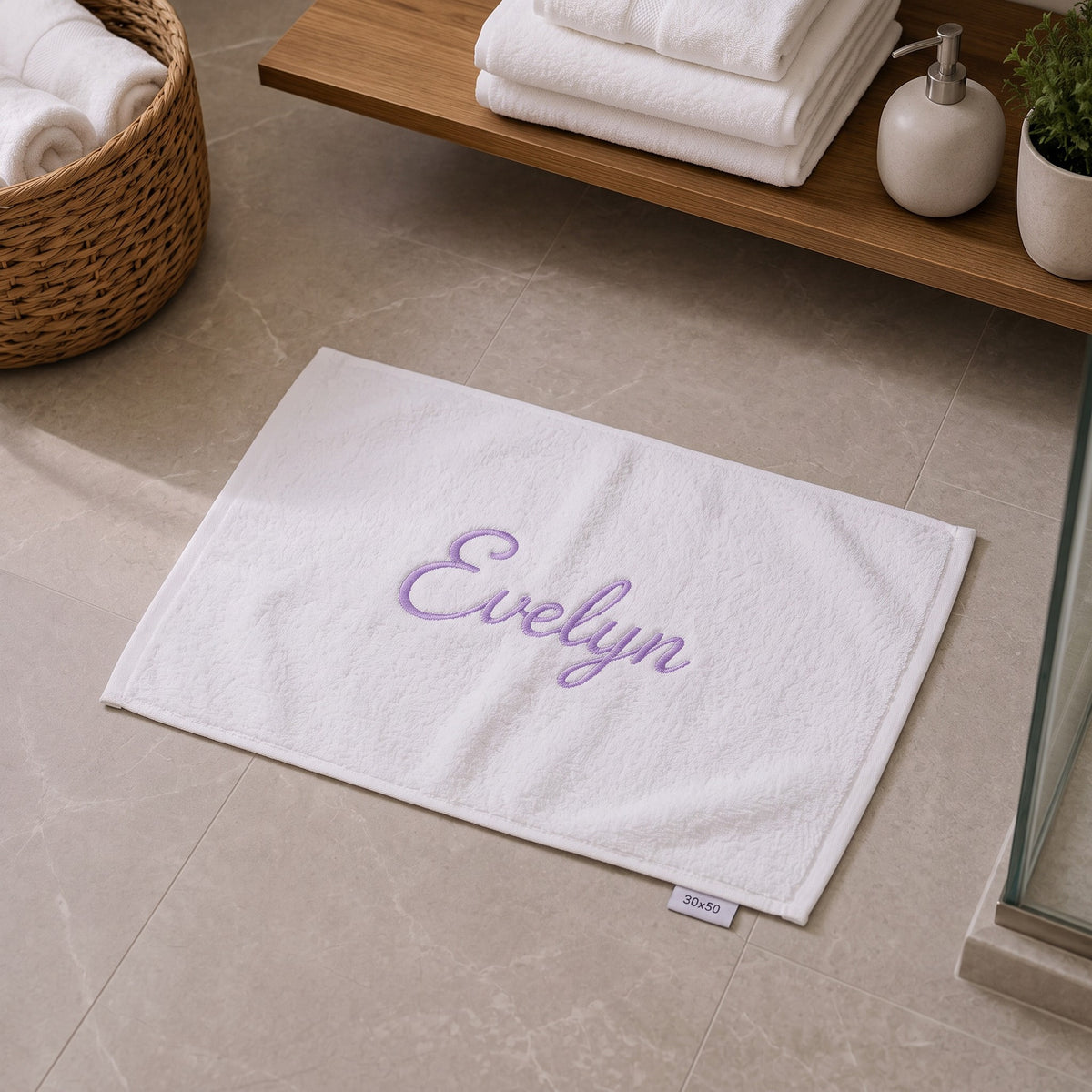 Evelyn personalized bamboo hand towel, lavender script embroidery on white — photo 3