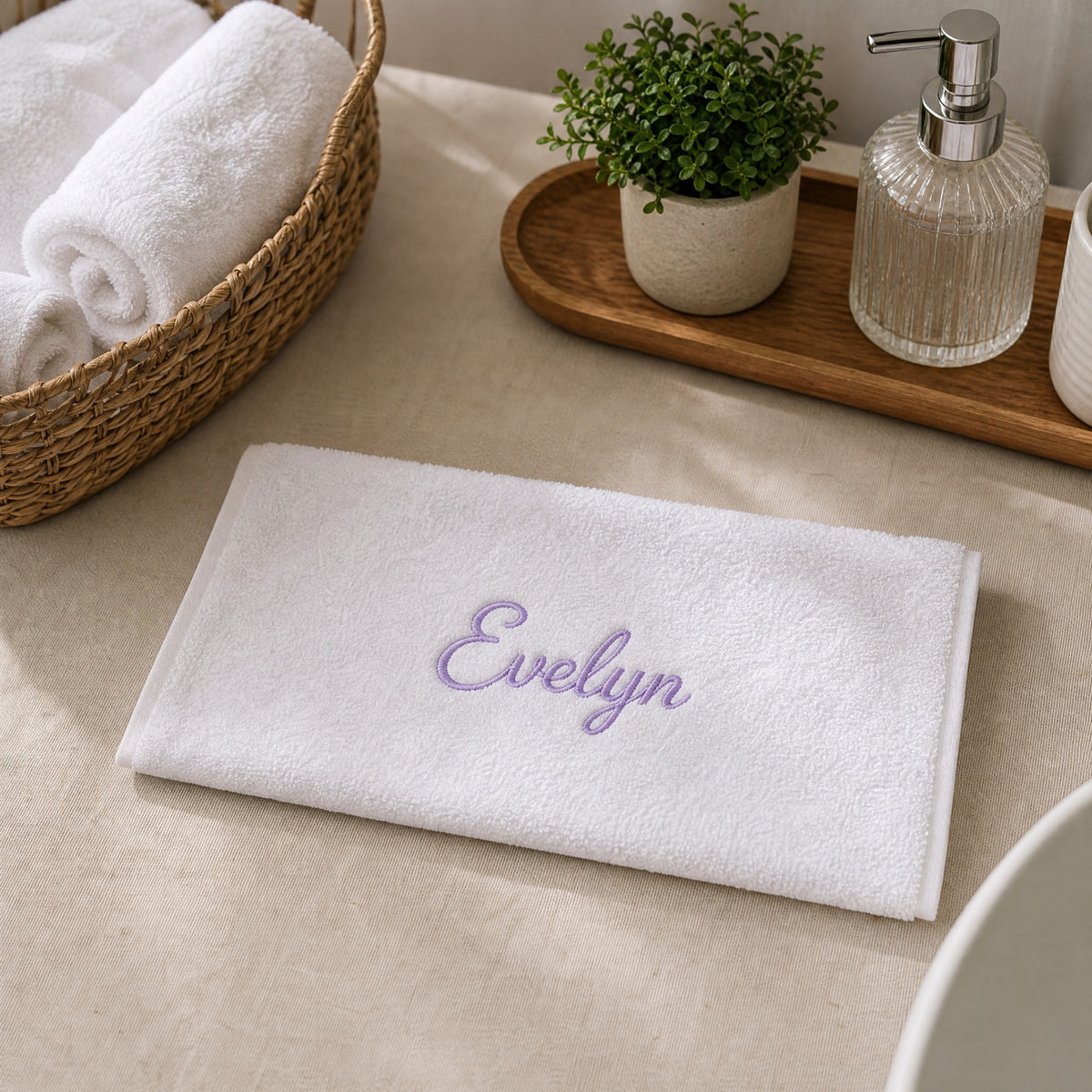 Evelyn personalized bamboo hand towel, lavender script embroidery on white — photo 4