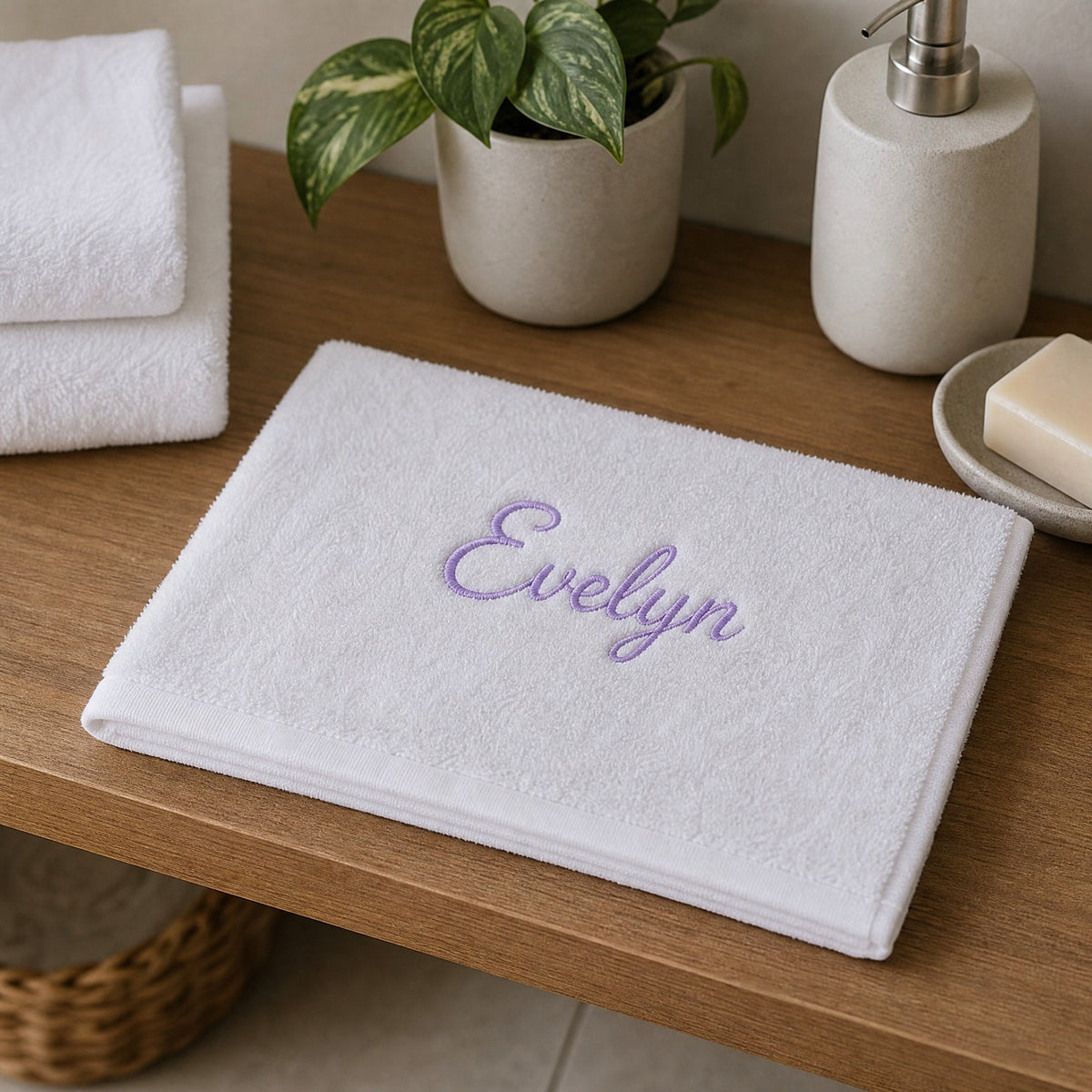 Evelyn personalized bamboo hand towel, lavender script embroidery on white — photo 6