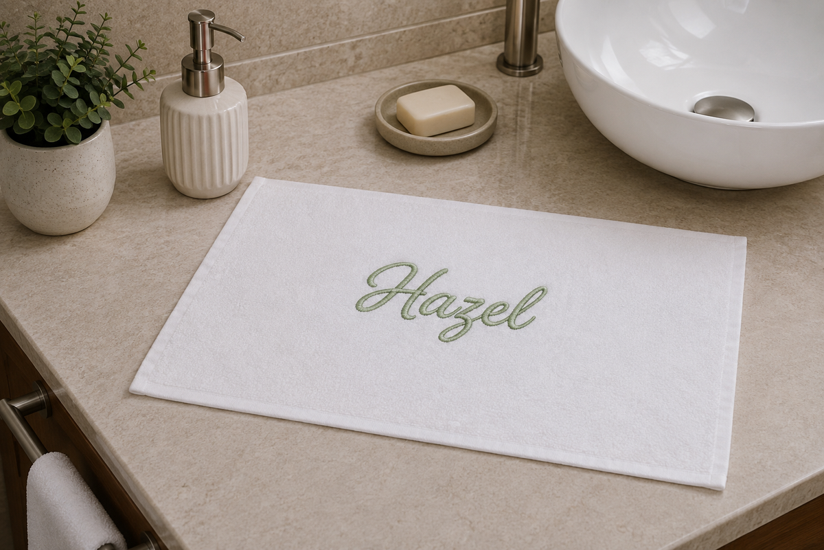 Hazel personalized bamboo hand towel, sage green script embroidery on white — photo 2