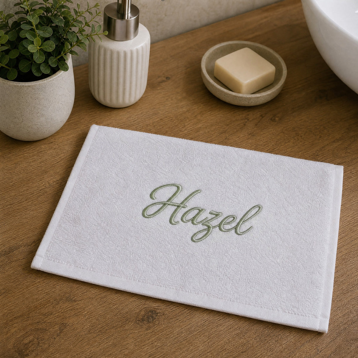 Hazel personalized bamboo hand towel, sage green script embroidery on white — photo 5