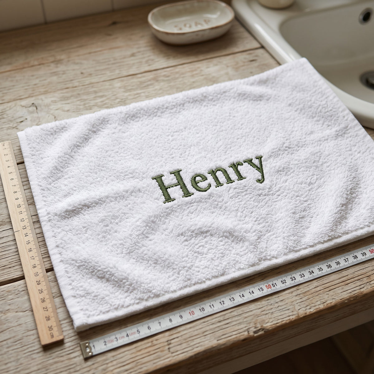 Henry personalized bamboo hand towel, forest green serif embroidery on white — photo 2