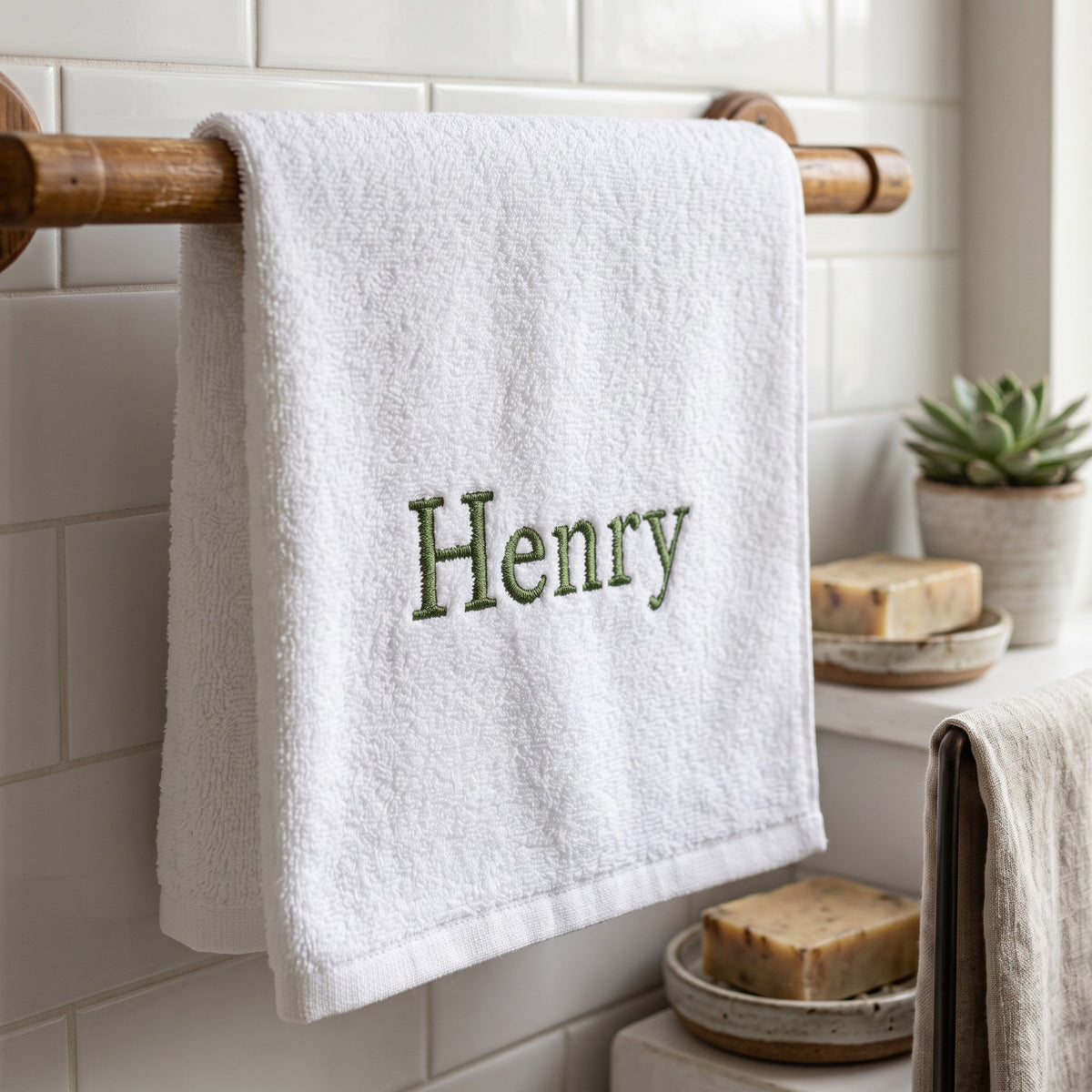 Henry personalized bamboo hand towel, forest green serif embroidery on white — photo 3