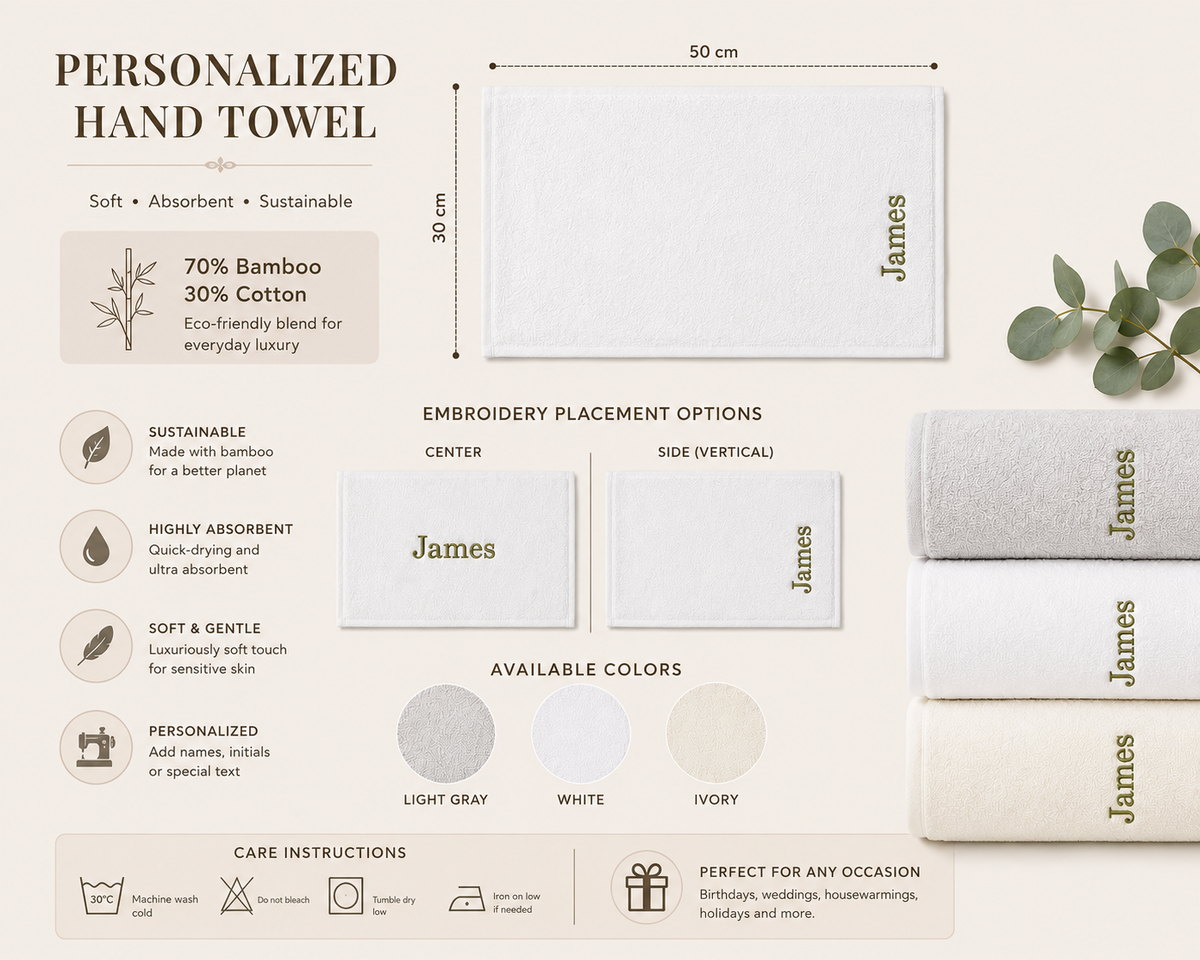 Personalized bamboo hand towel, 50 x 30 cm, 70% bamboo 30% cotton — embroidery centred or along the side