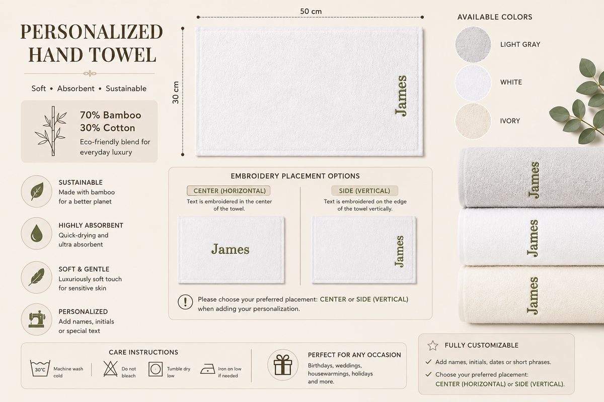 Hand towel size guide and embroidery placement: centre (horizontal) or side (vertical), colours light gray, white and ivory