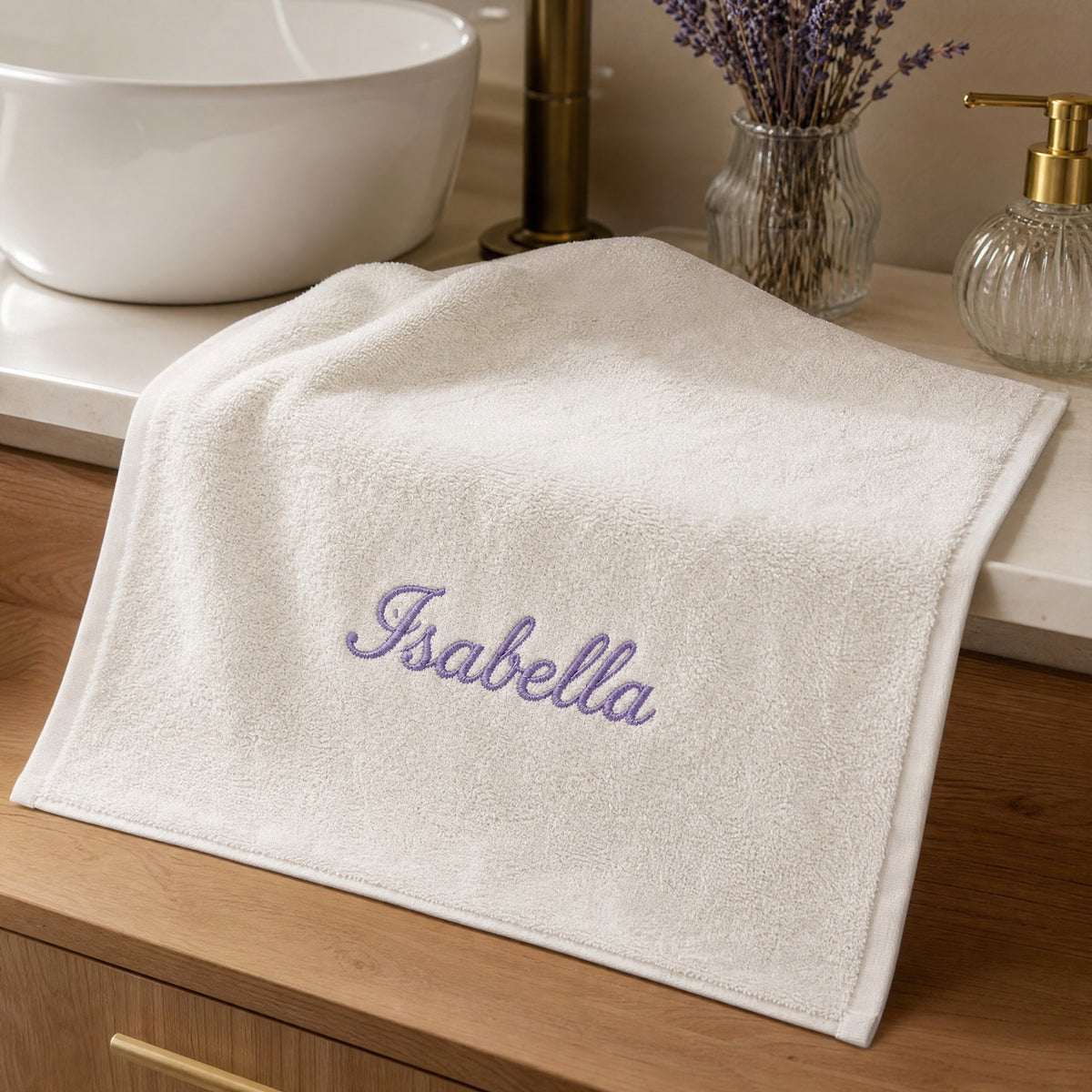 Isabella personalized bamboo hand towel, lavender script embroidery on ivory — photo 4
