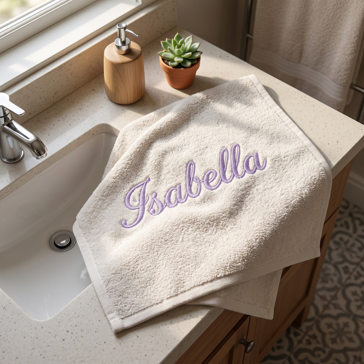 Isabella personalized bamboo hand towel, lavender script embroidery on ivory — photo 5