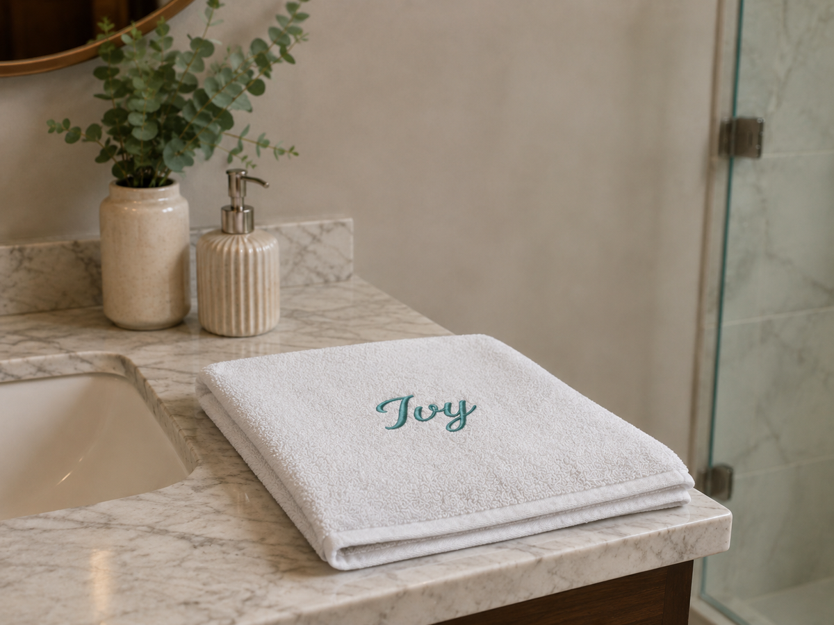 Ivy personalized bamboo hand towel, teal script embroidery on light gray — photo 2
