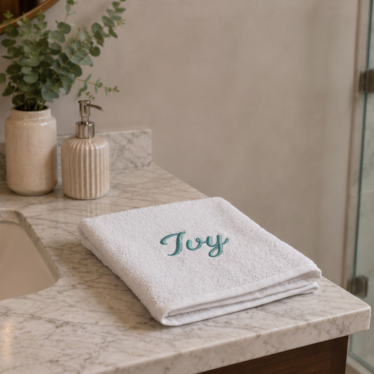 Ivy personalized bamboo hand towel, teal script embroidery on light gray — photo 3