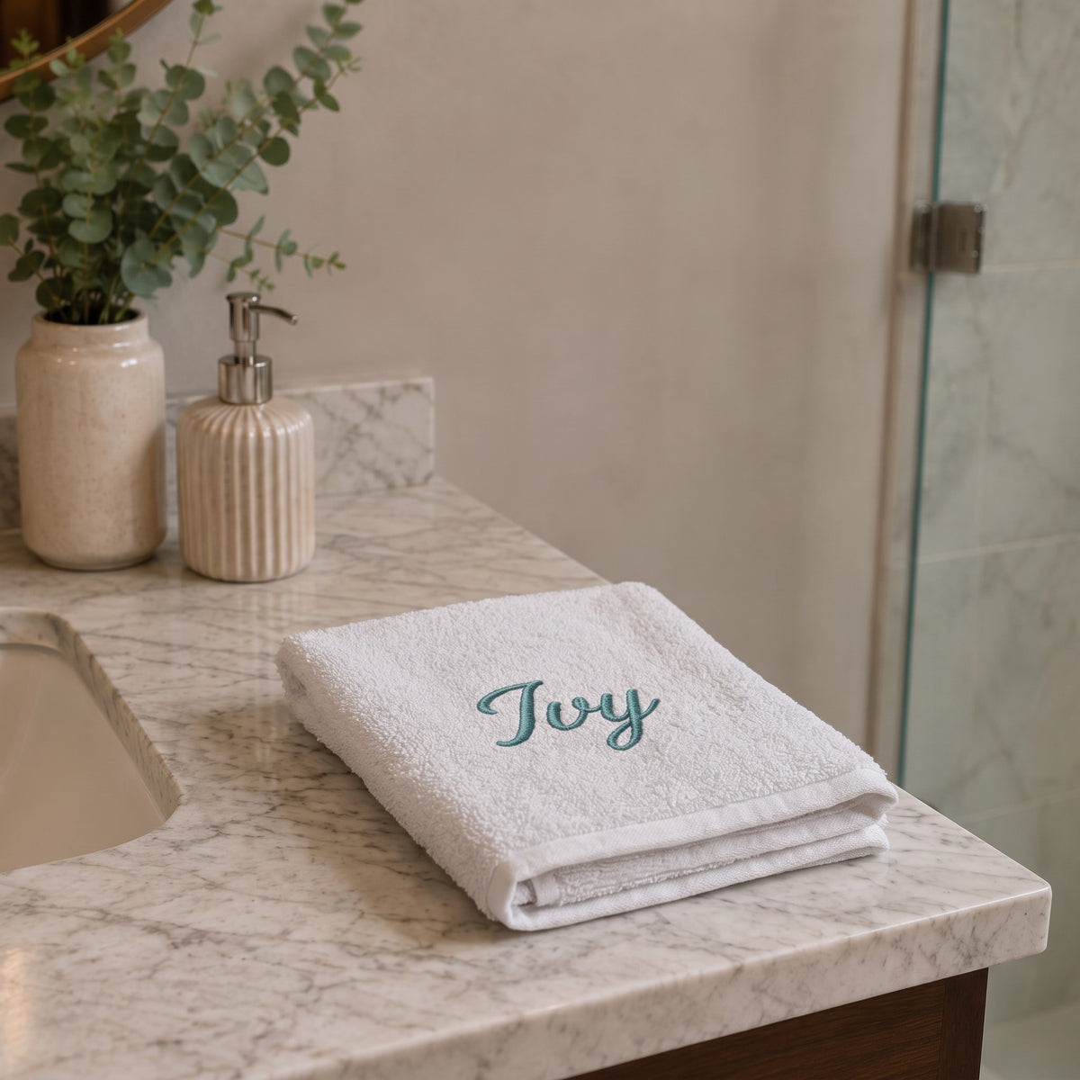 Ivy personalized bamboo hand towel, teal script embroidery on light gray — photo 4