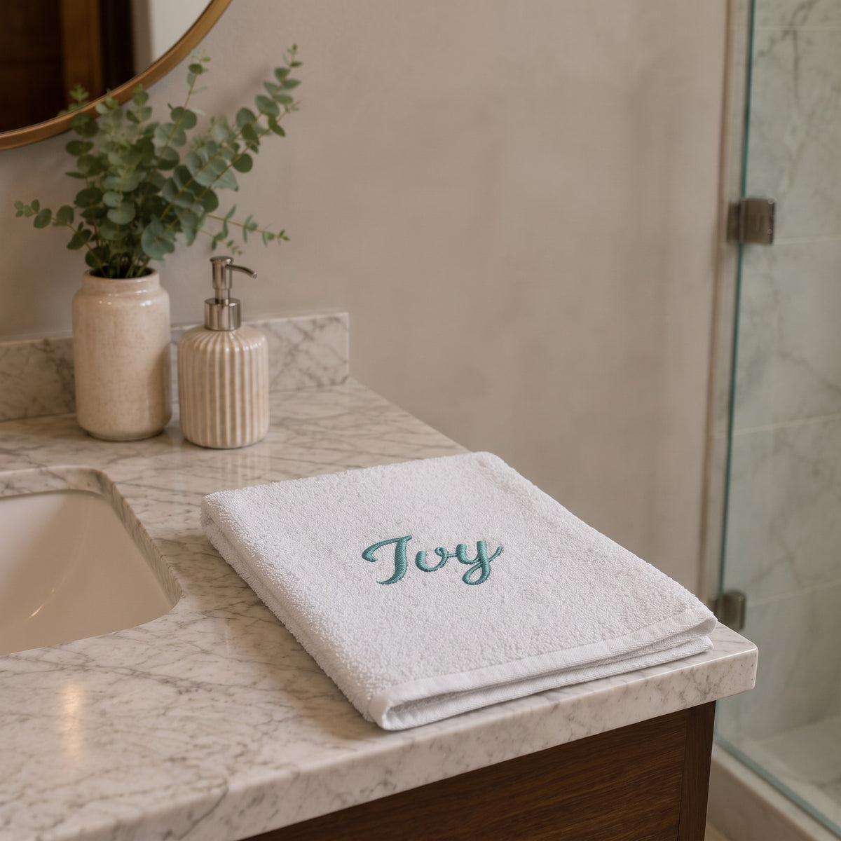 Ivy personalized bamboo hand towel, teal script embroidery on light gray — photo 5