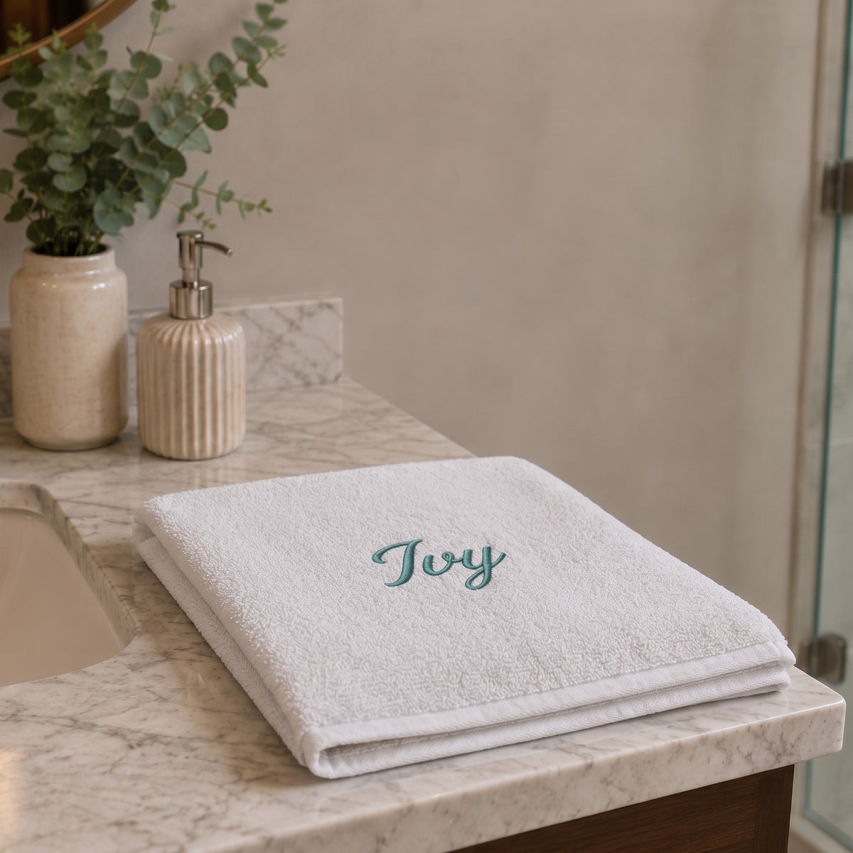 Ivy personalized bamboo hand towel, teal script embroidery on light gray — photo 6