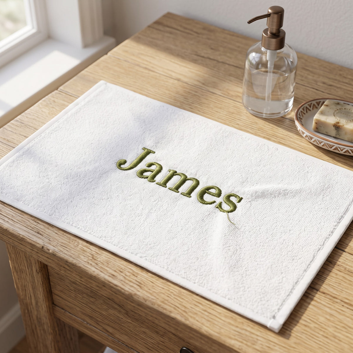 James personalized bamboo hand towel, olive green serif embroidery on white — photo 2