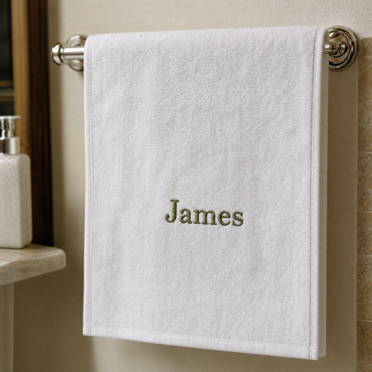 James personalized bamboo hand towel, olive green serif embroidery on white — photo 3