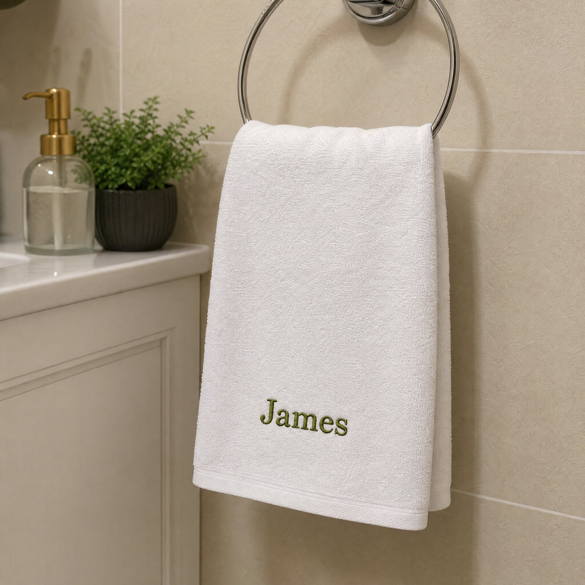 James personalized bamboo hand towel, olive green serif embroidery on white — photo 4