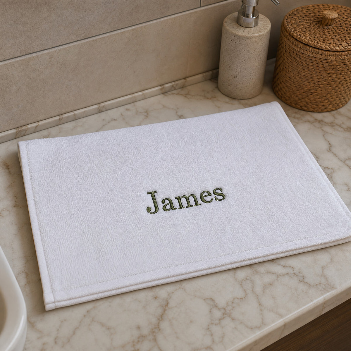 James personalized bamboo hand towel, olive green serif embroidery on white — photo 5