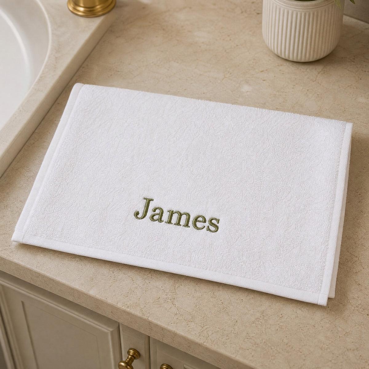 James personalized bamboo hand towel, olive green serif embroidery on white — photo 6