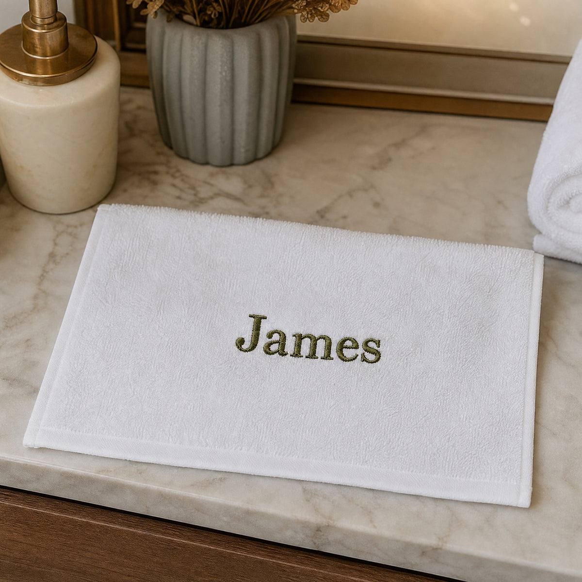 James personalized bamboo hand towel, olive green serif embroidery on white — photo 7