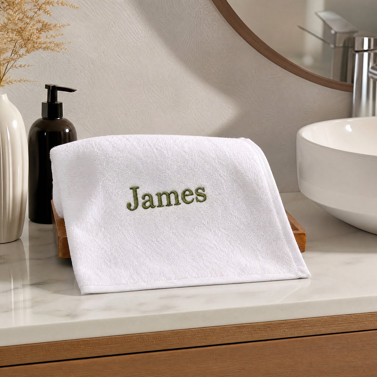 James personalized bamboo hand towel, olive green serif embroidery on white — photo 8
