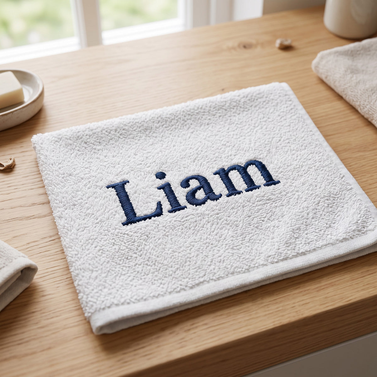 Liam personalized bamboo hand towel, navy serif embroidery on light gray — photo 2