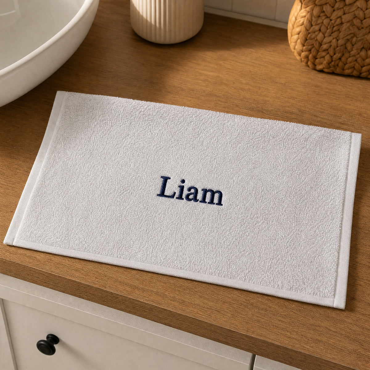 Liam personalized bamboo hand towel, navy serif embroidery on light gray — photo 4