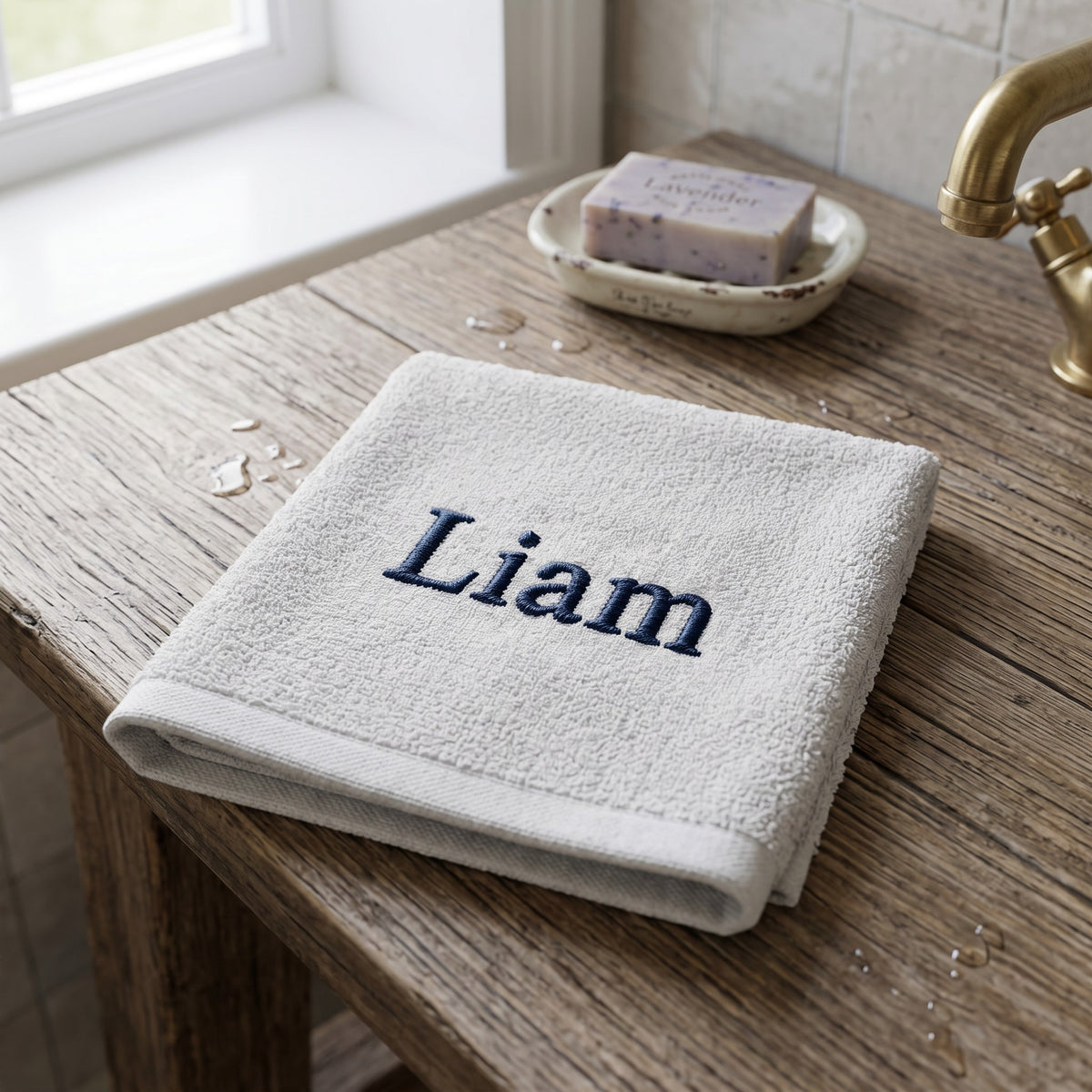 Liam personalized bamboo hand towel, navy serif embroidery on light gray — photo 5
