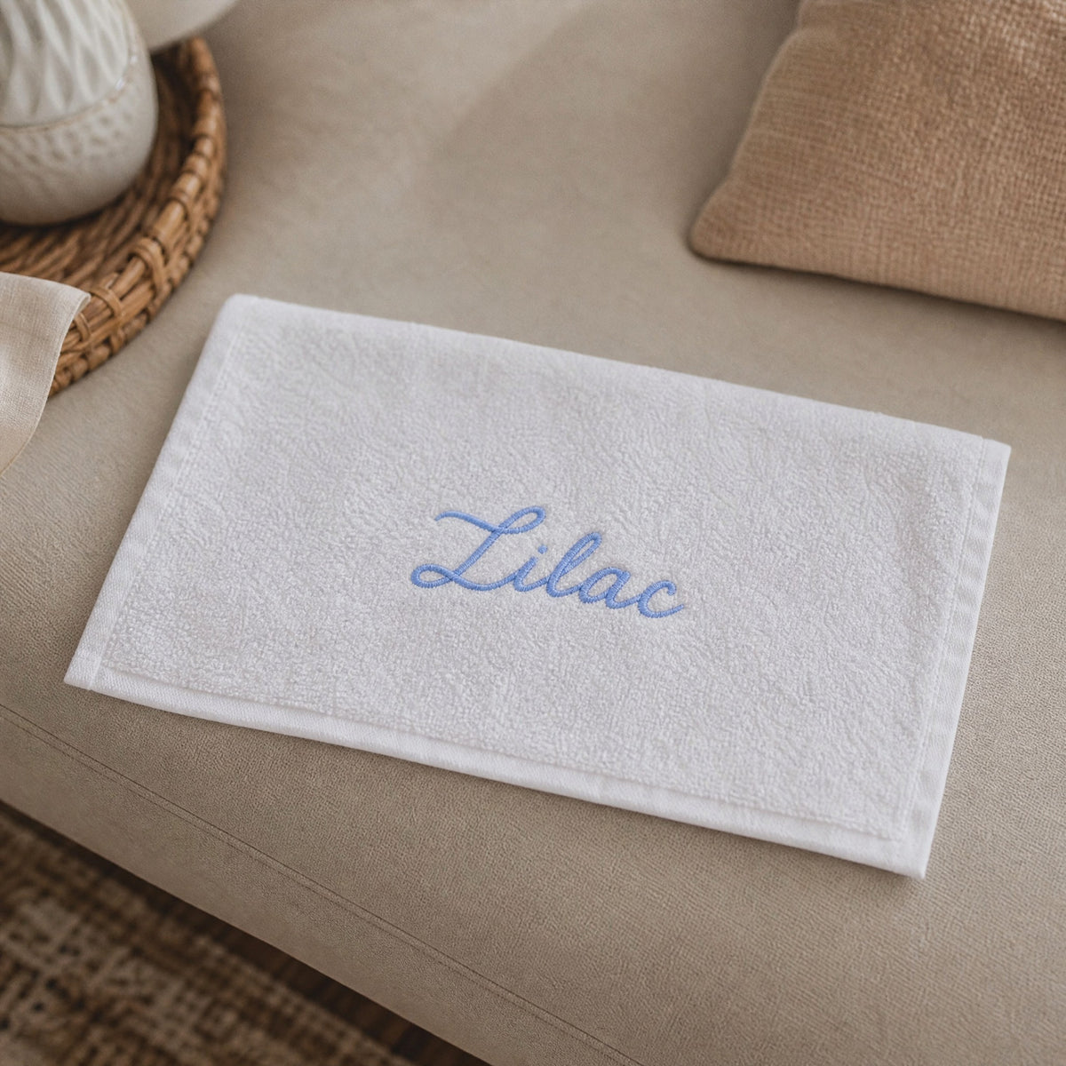Lilac personalized bamboo hand towel, sky blue script embroidery on white — photo 3