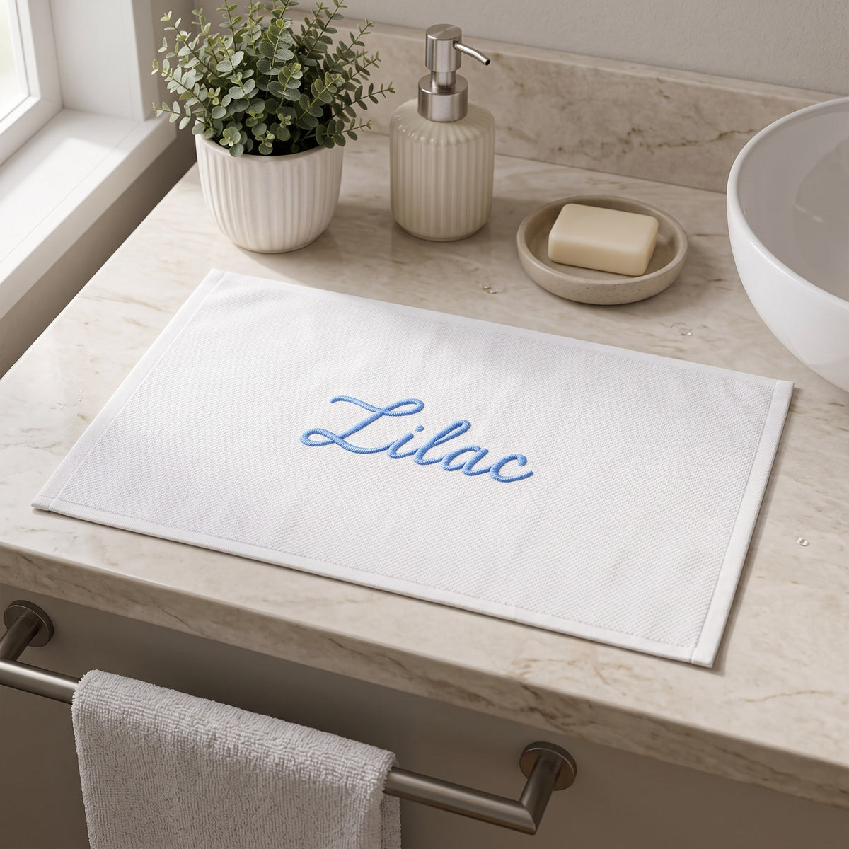 Lilac personalized bamboo hand towel, sky blue script embroidery on white — photo 4