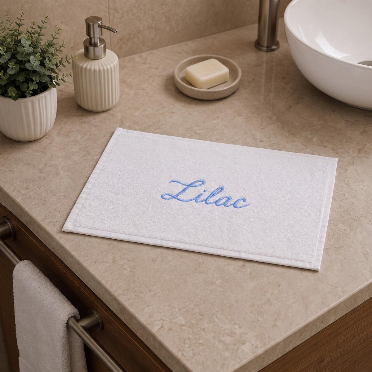 Lilac personalized bamboo hand towel, sky blue script embroidery on white — photo 5