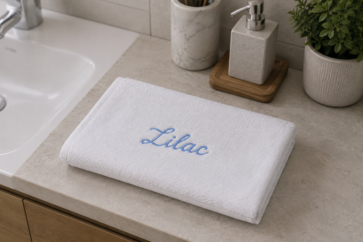 Lilac personalized bamboo hand towel, sky blue script embroidery on white — photo 6
